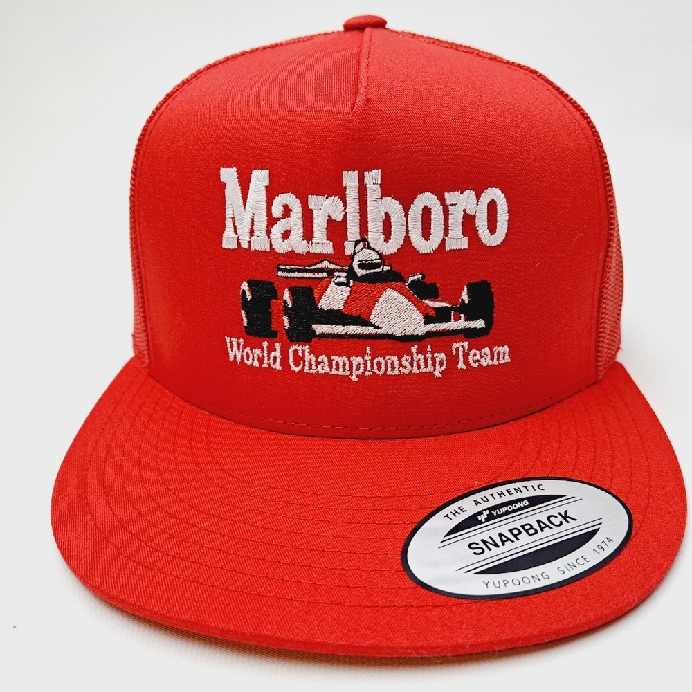 Marlboro Formula One Racing Flat Bill Snapback Mesh Trucker Hat Cap Red
